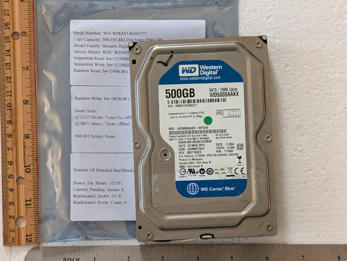500GB Western Digital, WDC WD5000AAKX-001CA0, (33219 Powered On Hours)