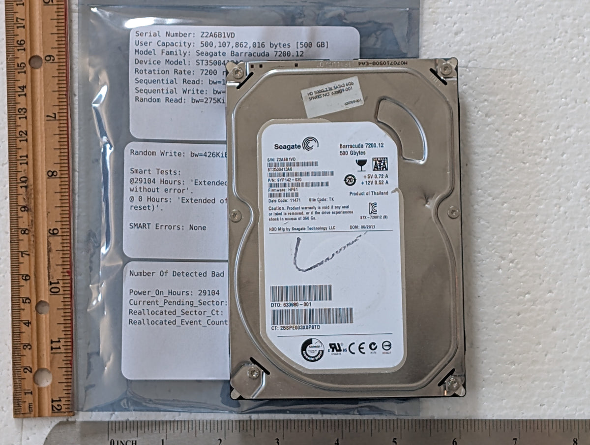 500GB Seagate, ST3500413AS, (29104 Powered On Hours)