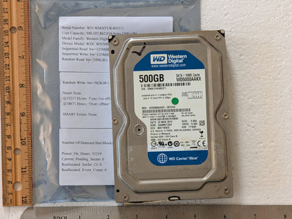 500GB Western Digital, WDC WD5000AAKX-001CA0, (33219 Powered On Hours)