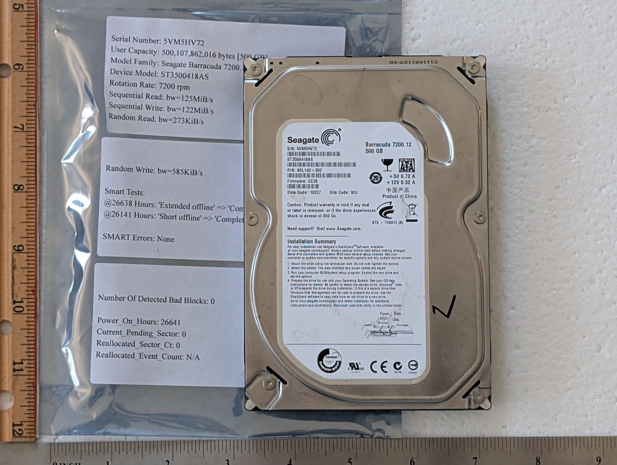 500GB Seagate, ST3500418AS, (26641 Powered On Hours)
