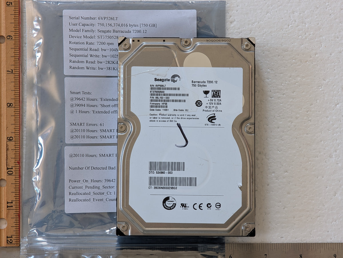 750GB Seagate, ST3750528AS, (1 Reallocated Sector)