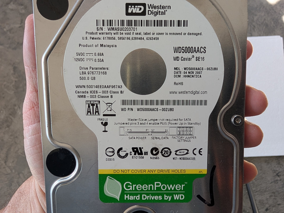 500GB Western Digital, WDC WD5000AACS-00ZUB0, (34452 Powered On Hours)