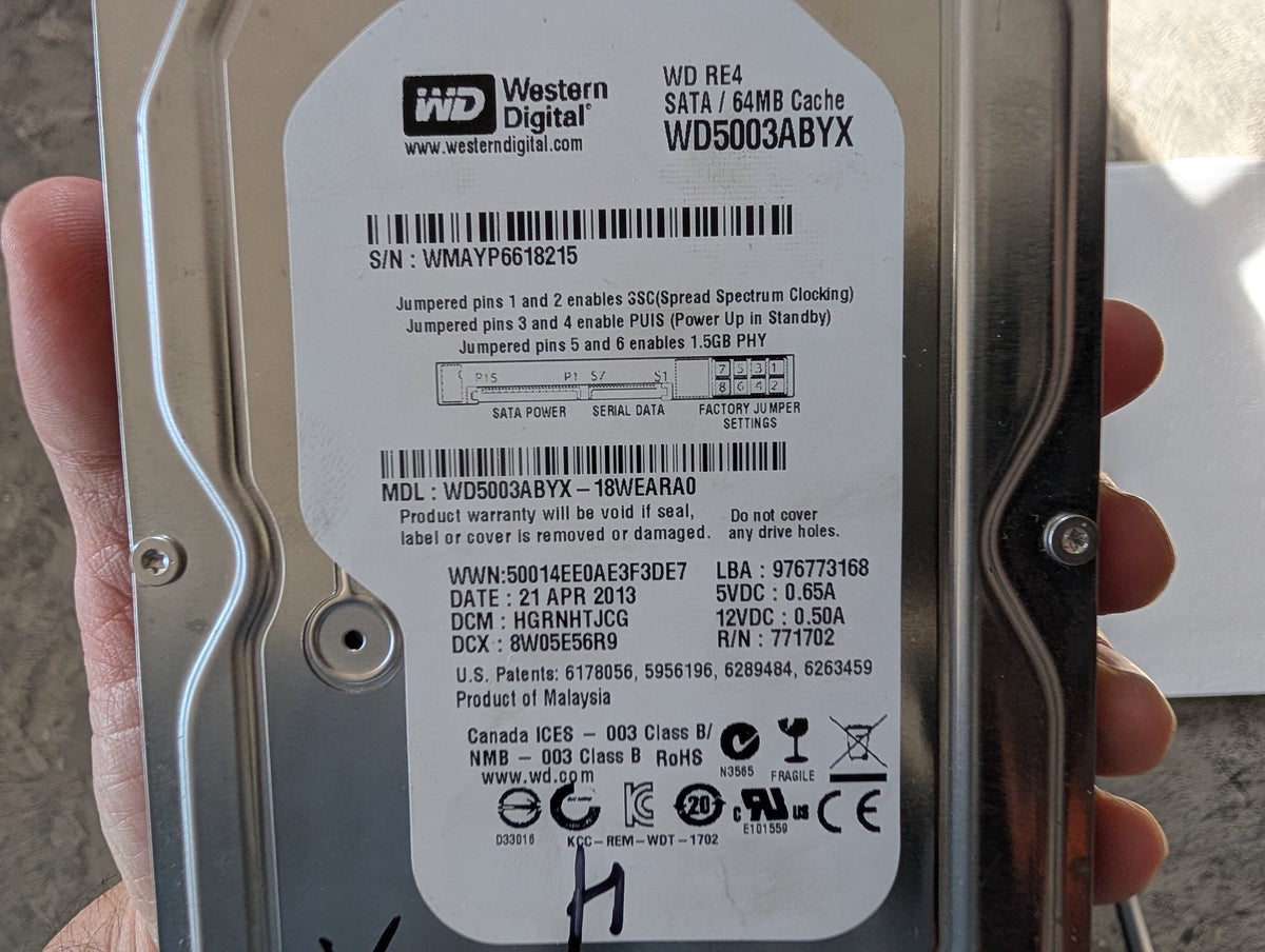 500GB Western Digital, WDC WD5003ABYX-18WERA0, (smart_error_count=5)